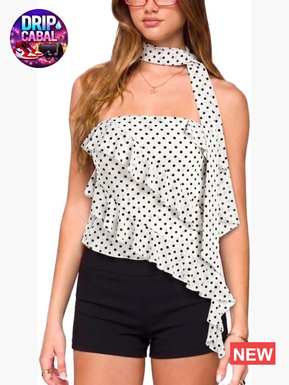 Y2K Polka Dot Strapless Tube Top with Scarf Ruffle Hem Bandeau Going Out Top